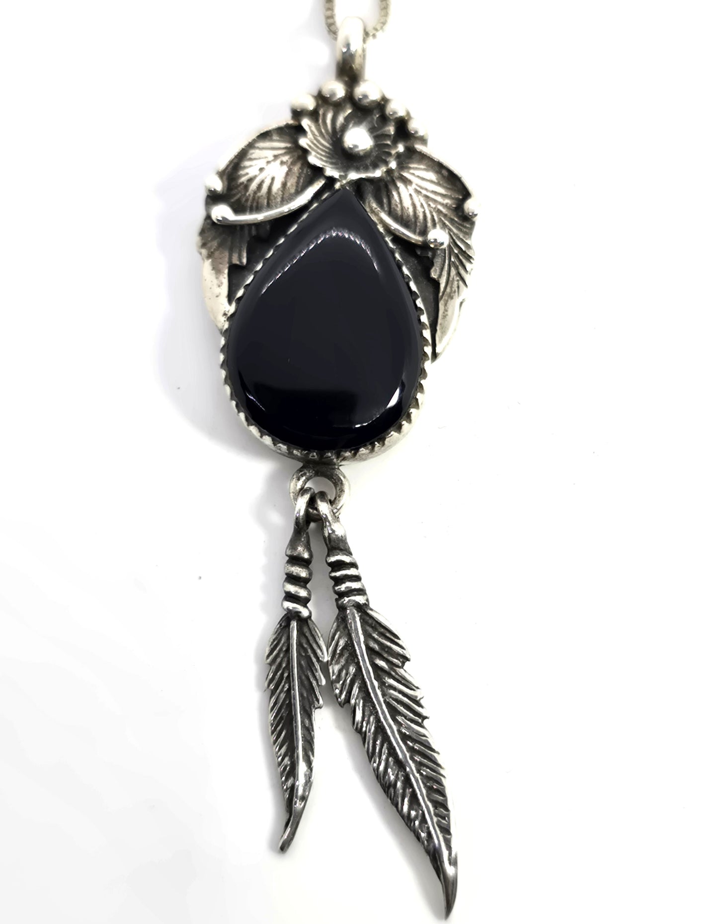 Black Onyx Feather sterling silver Native American flower vintage necklace