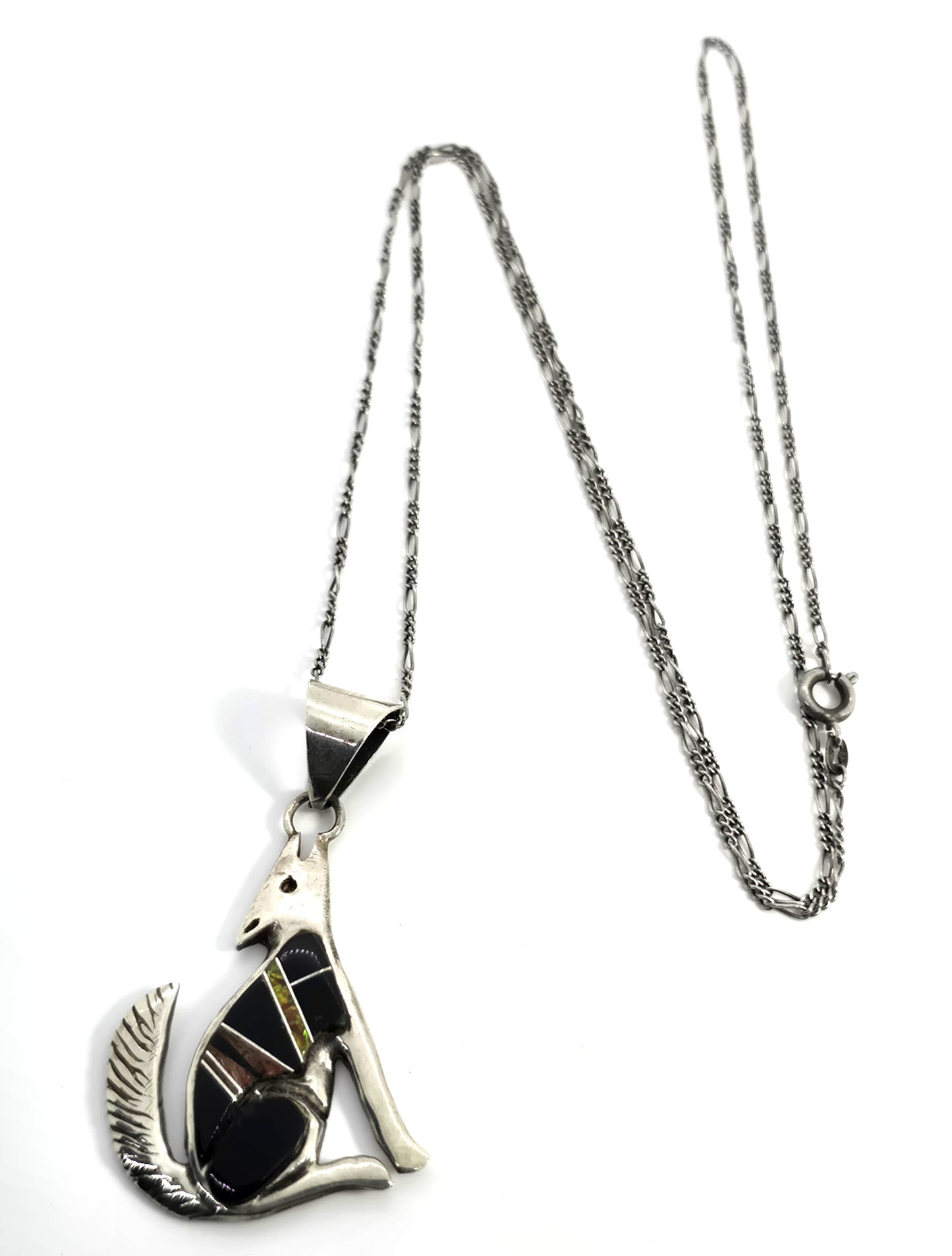 Calvin Begay Navajo wolf onyx opal gemstone inlay vintage sterling silver necklace