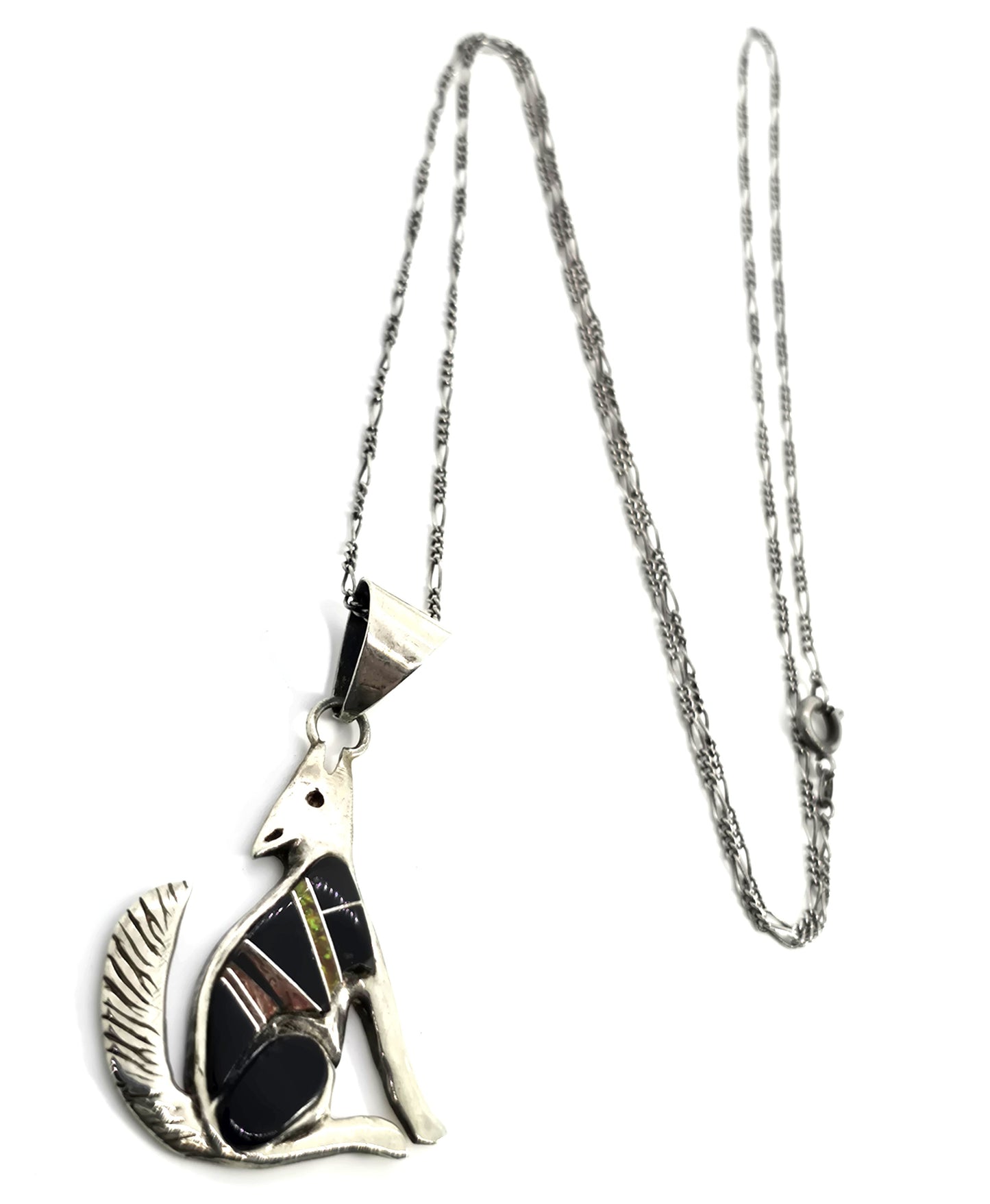 Calvin Begay Navajo wolf onyx opal gemstone inlay vintage sterling silver necklace