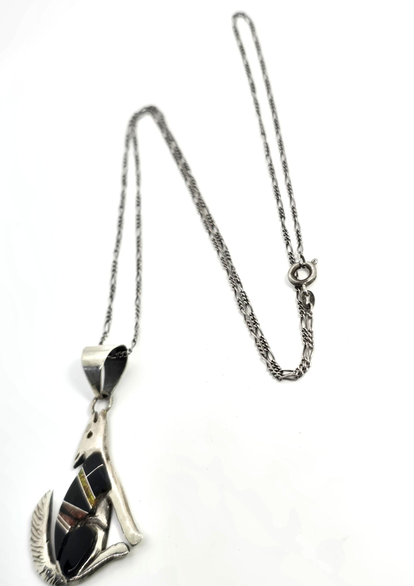 Calvin Begay Navajo wolf onyx opal gemstone inlay vintage sterling silver necklace