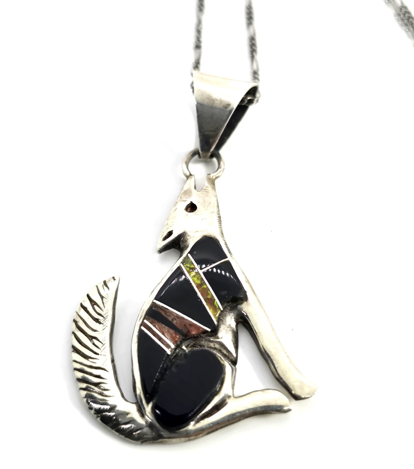 Calvin Begay Navajo wolf onyx opal gemstone inlay vintage sterling silver necklace