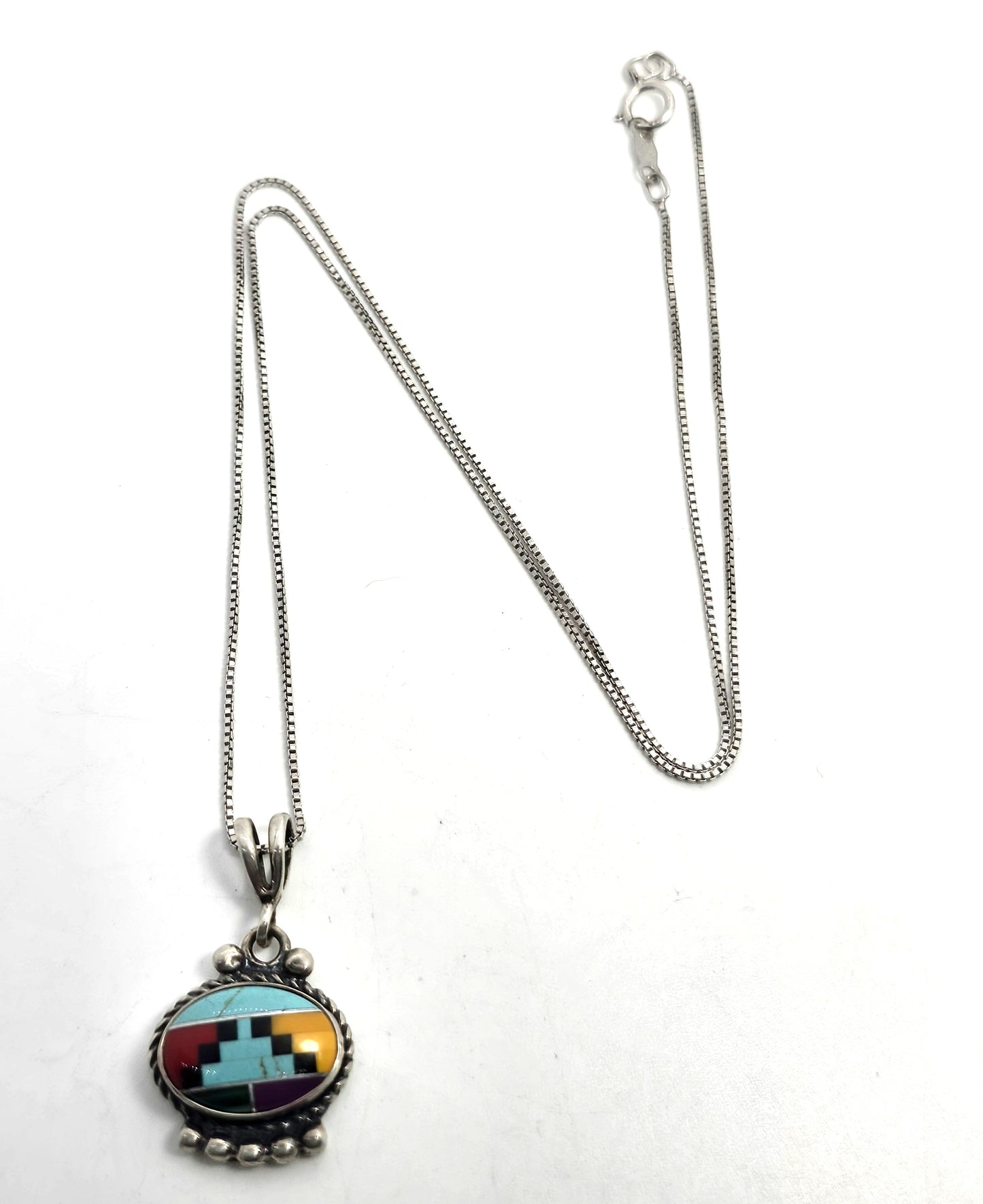 Turquoise gemstone inlay vintage Sterling Silver Southwestern pendant necklace