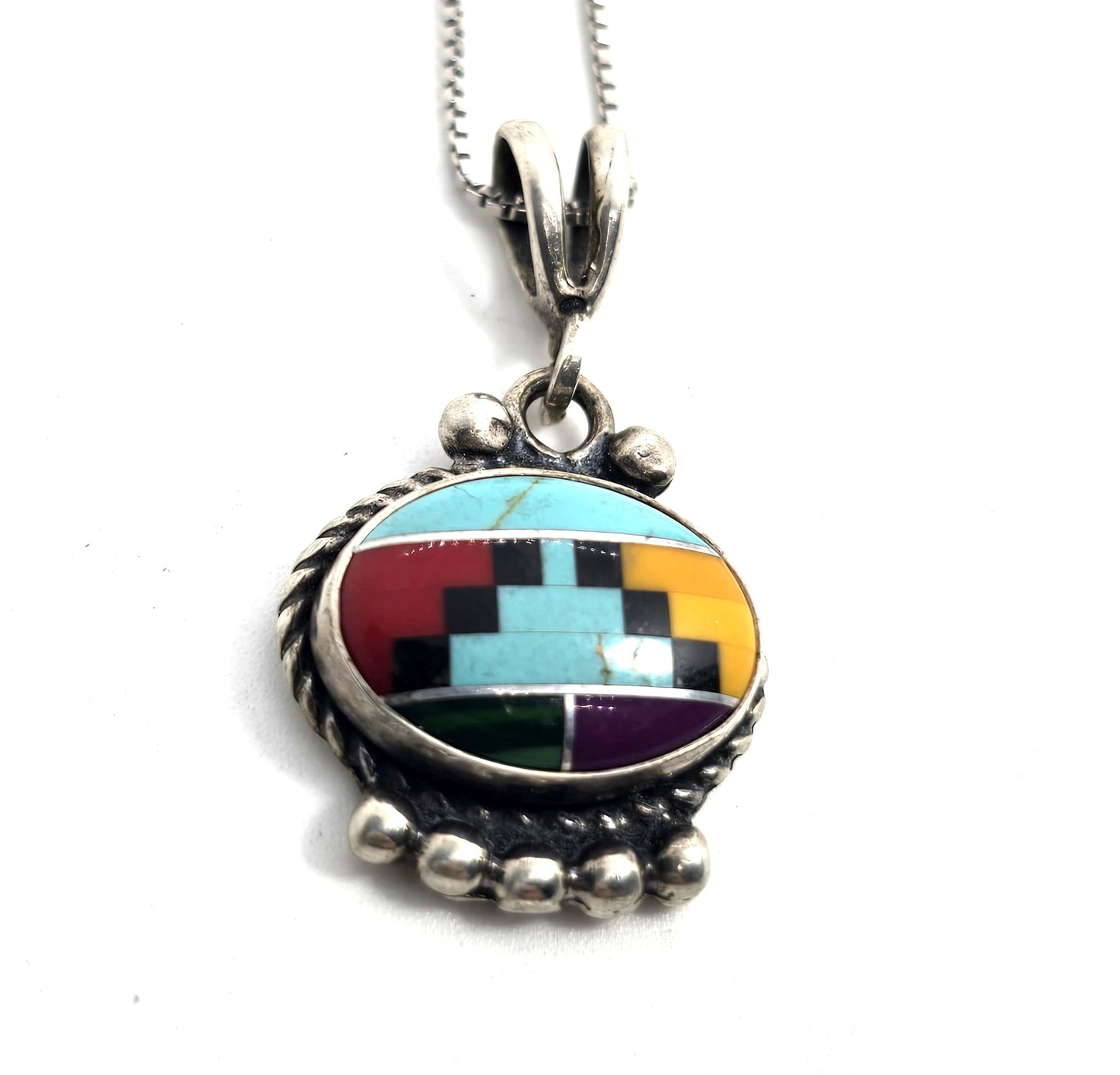 Turquoise gemstone inlay vintage Sterling Silver Southwestern pendant necklace