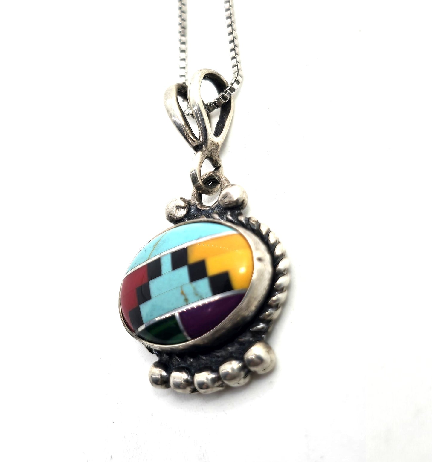 Turquoise gemstone inlay vintage Sterling Silver Southwestern pendant necklace
