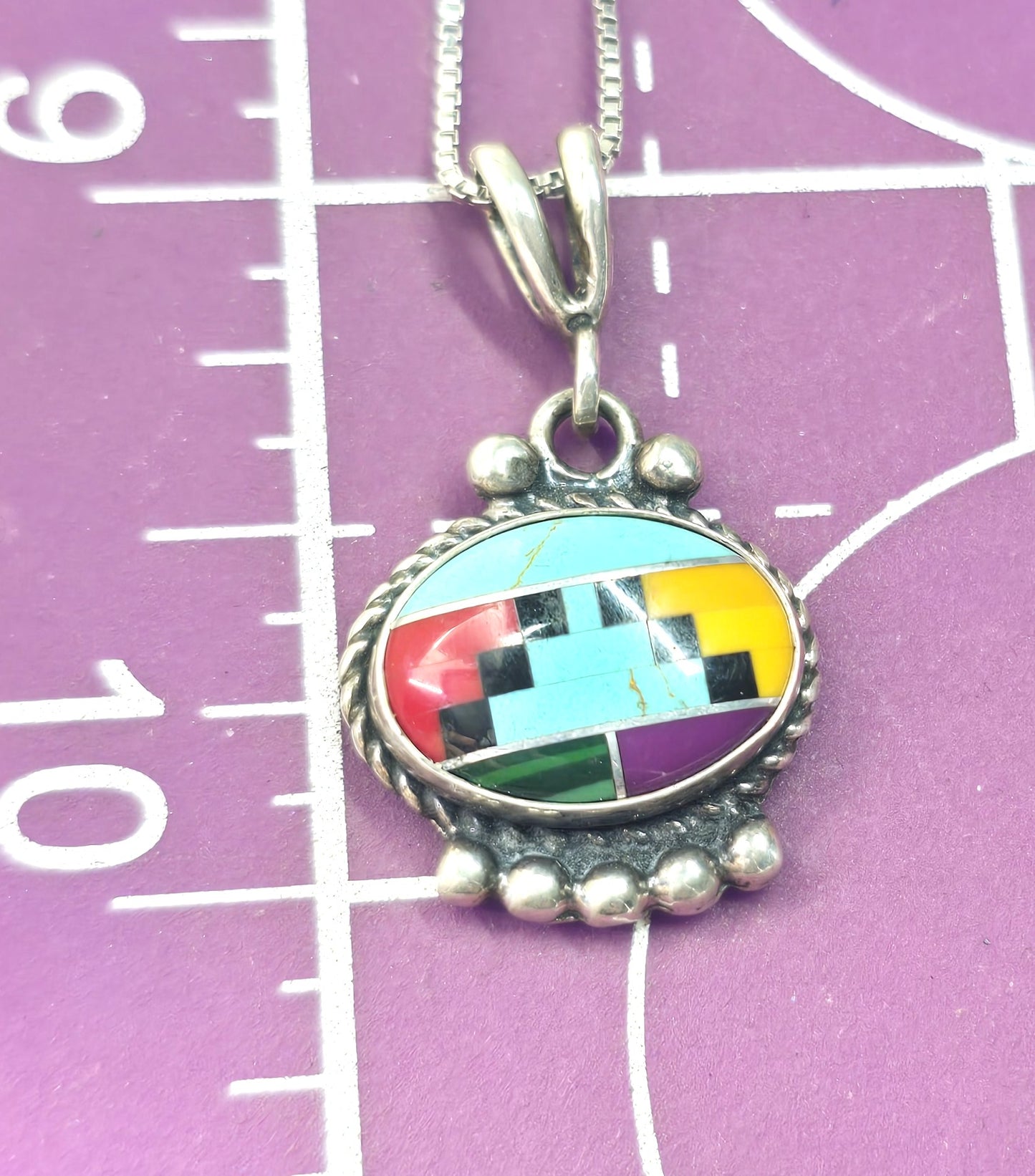 Turquoise gemstone inlay vintage Sterling Silver Southwestern pendant necklace