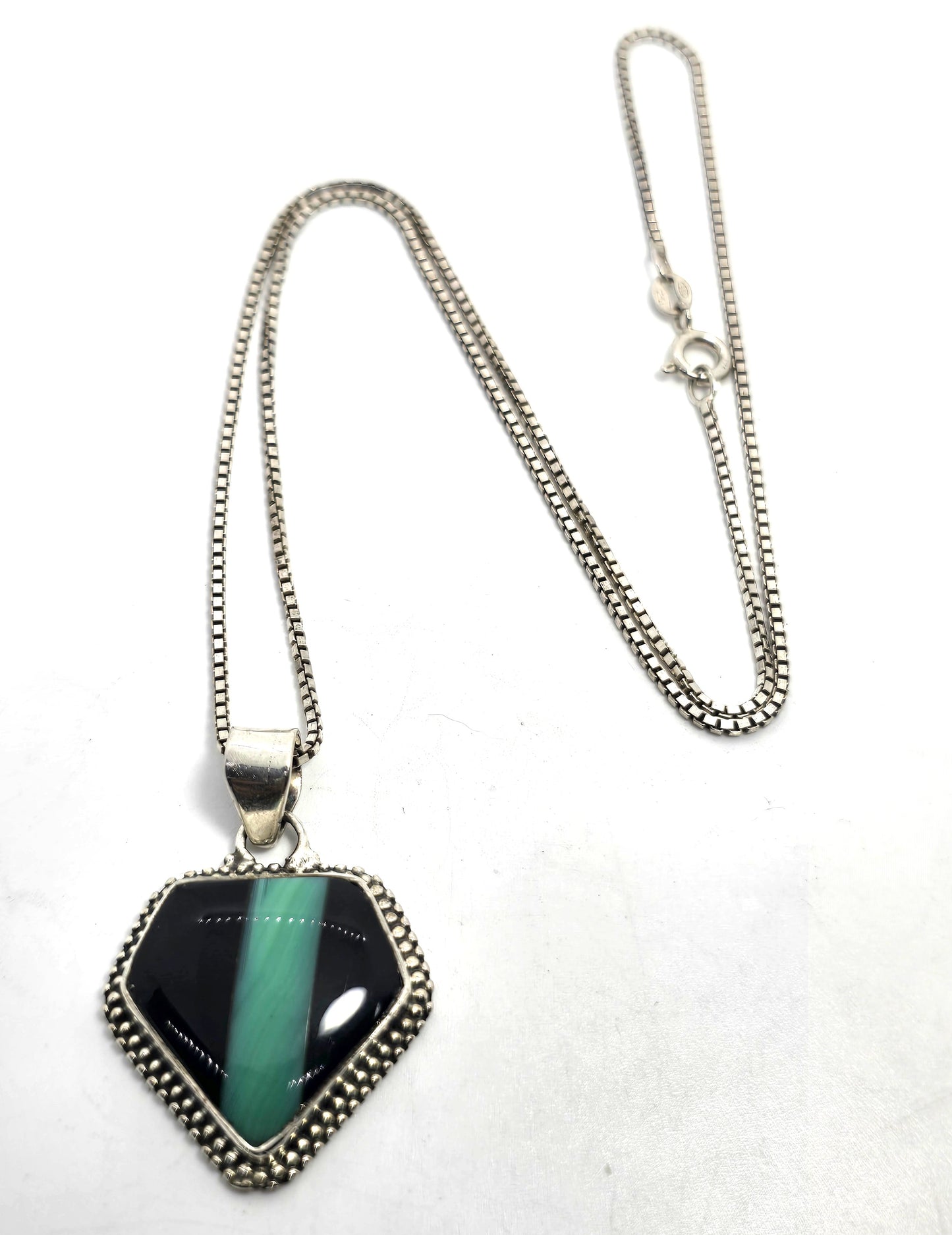 Banded Malachite stripped black onyx inlay artisan vintage sterling silver necklace