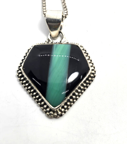 Banded Malachite stripped black onyx inlay artisan vintage sterling silver necklace