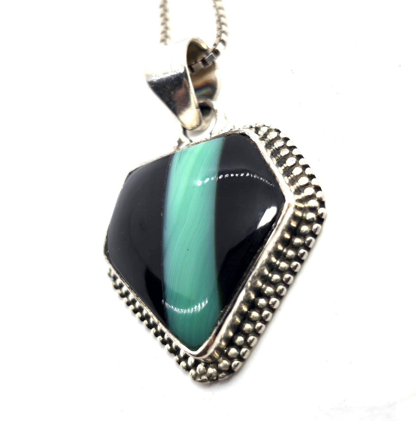 Banded Malachite stripped black onyx inlay artisan vintage sterling silver necklace