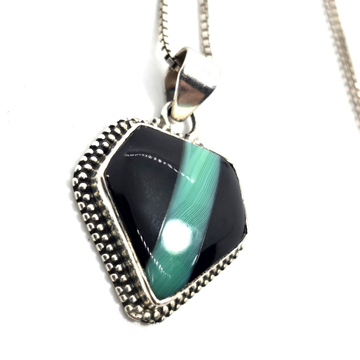 Banded Malachite stripped black onyx inlay artisan vintage sterling silver necklace