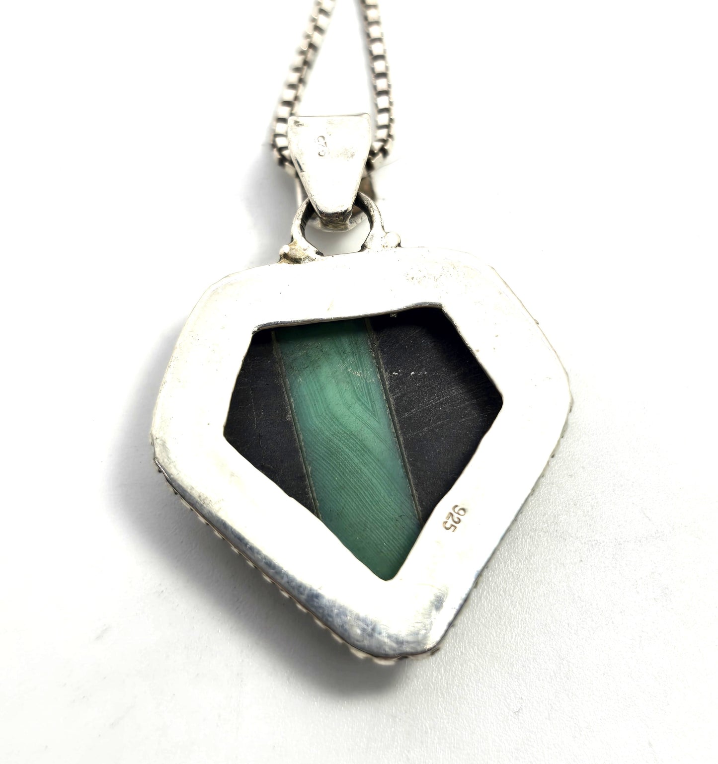 Banded Malachite stripped black onyx inlay artisan vintage sterling silver necklace