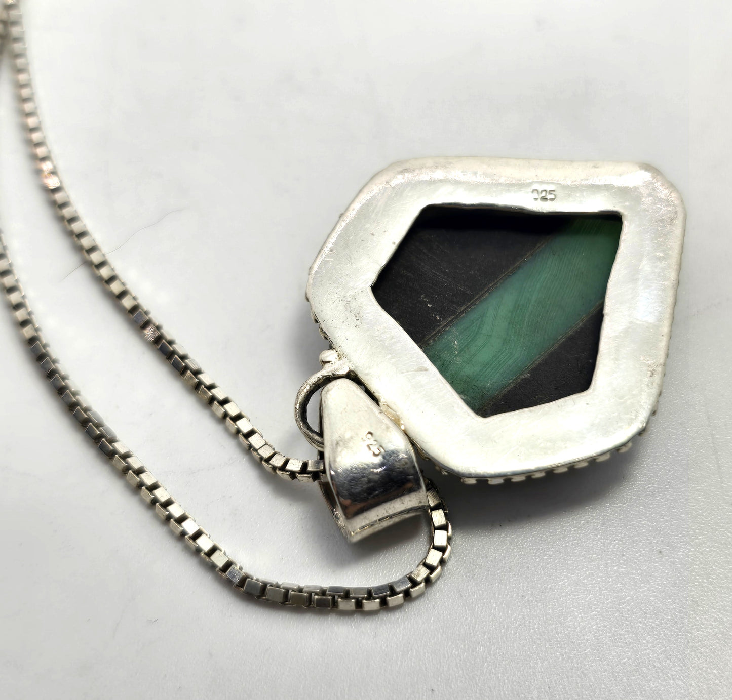 Banded Malachite stripped black onyx inlay artisan vintage sterling silver necklace