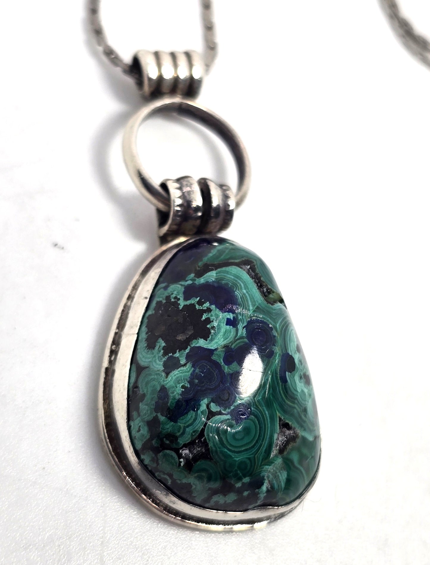 JR Native American Chrysocolla Malachite Azurite vintage sterling silver necklace