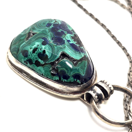 JR Native American Chrysocolla Malachite Azurite vintage sterling silver necklace