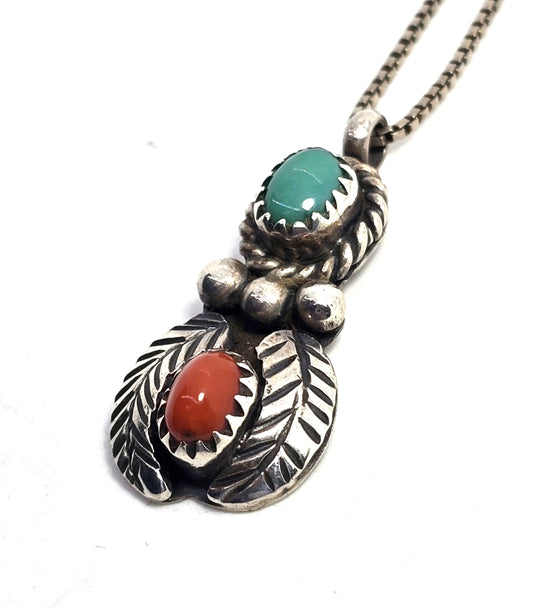 D. Leekety Turquoise and Red coral Native American sterling silver necklace