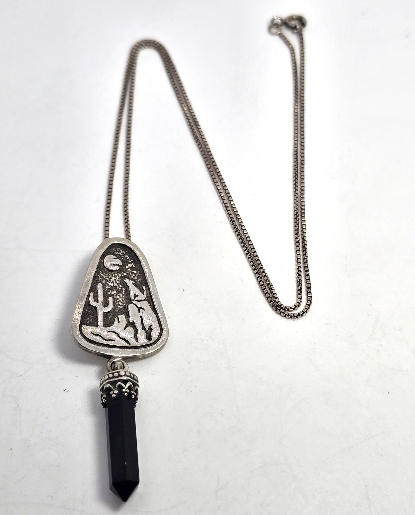 Hopi wolf howling at the moon cactus onyx gemstone sterling silver necklace