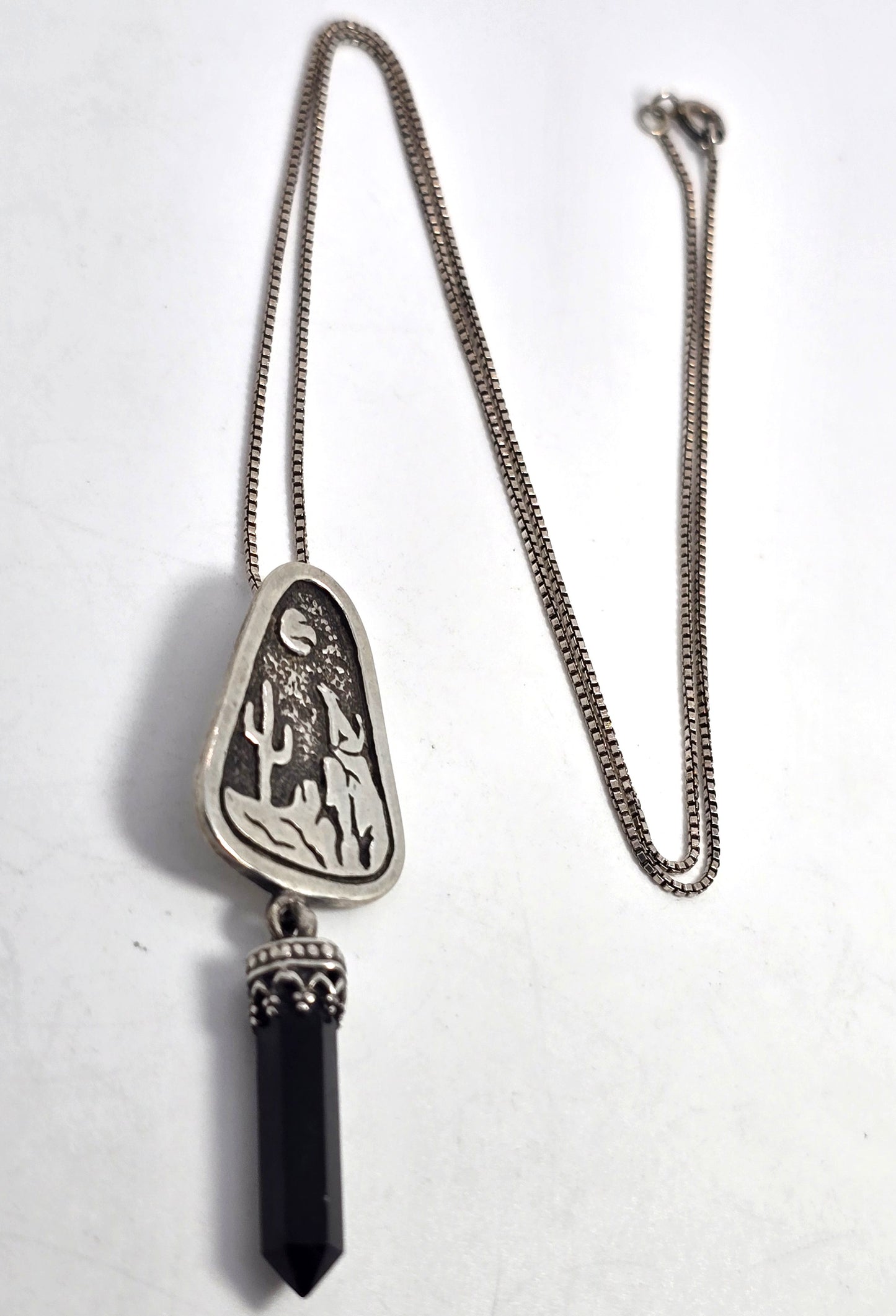 Hopi wolf howling at the moon cactus onyx gemstone sterling silver necklace