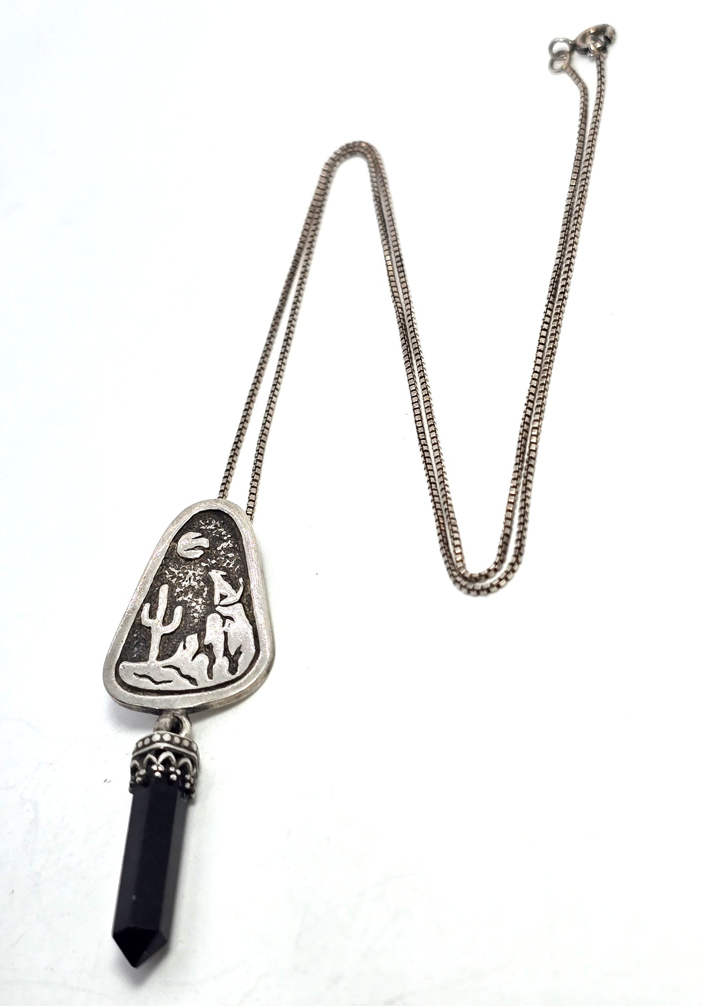 Hopi wolf howling at the moon cactus onyx gemstone sterling silver necklace