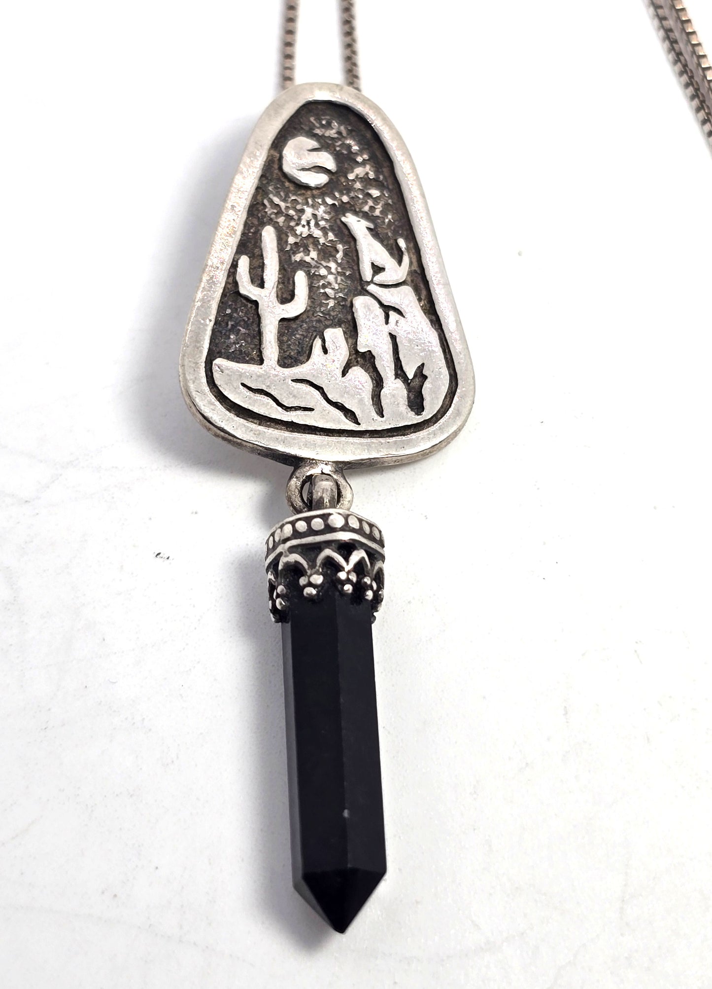 Hopi wolf howling at the moon cactus onyx gemstone sterling silver necklace