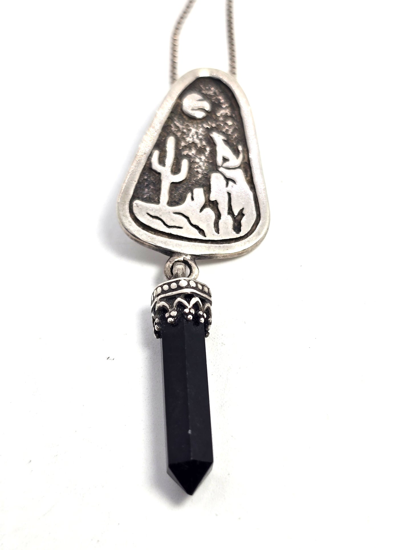 Hopi wolf howling at the moon cactus onyx gemstone sterling silver necklace