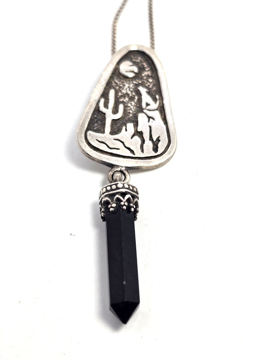 Hopi wolf howling at the moon cactus onyx gemstone sterling silver necklace