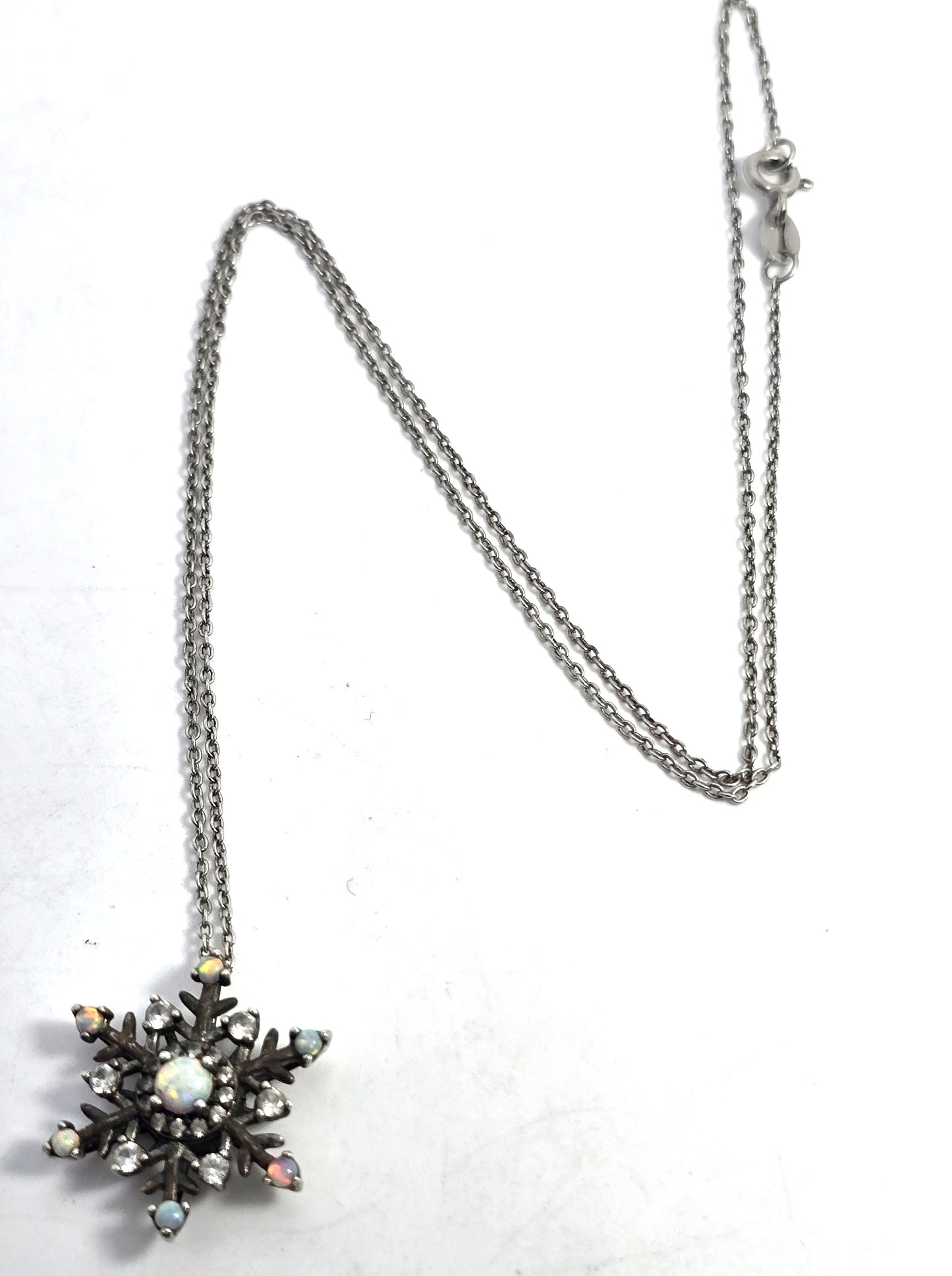 White fire opal snowflake white topaz sterling silver SUN winter pendant necklace