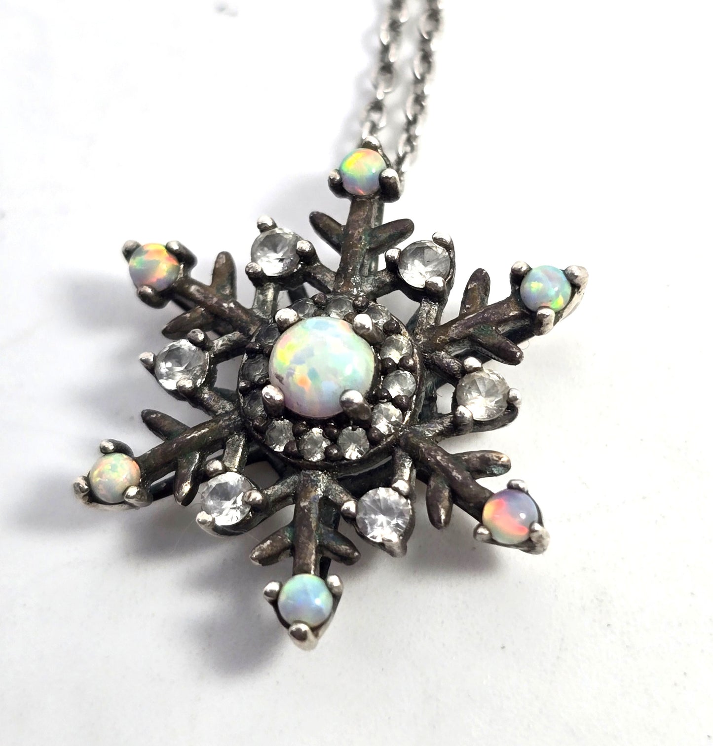 White fire opal snowflake white topaz sterling silver SUN winter pendant necklace