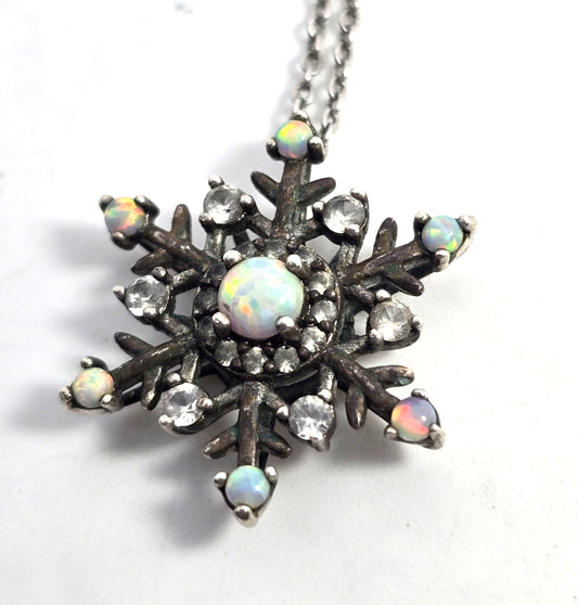 White fire opal snowflake white topaz sterling silver SUN winter pendant necklace