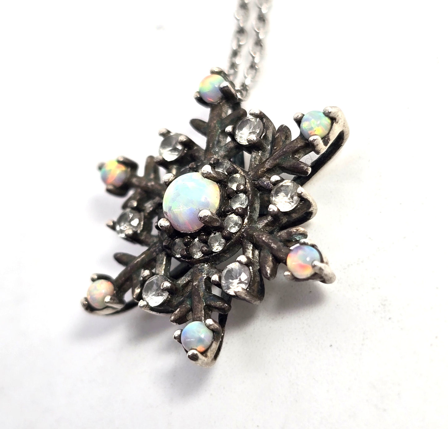 White fire opal snowflake white topaz sterling silver SUN winter pendant necklace