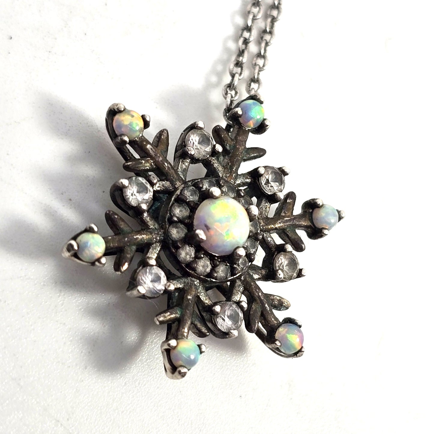 White fire opal snowflake white topaz sterling silver SUN winter pendant necklace