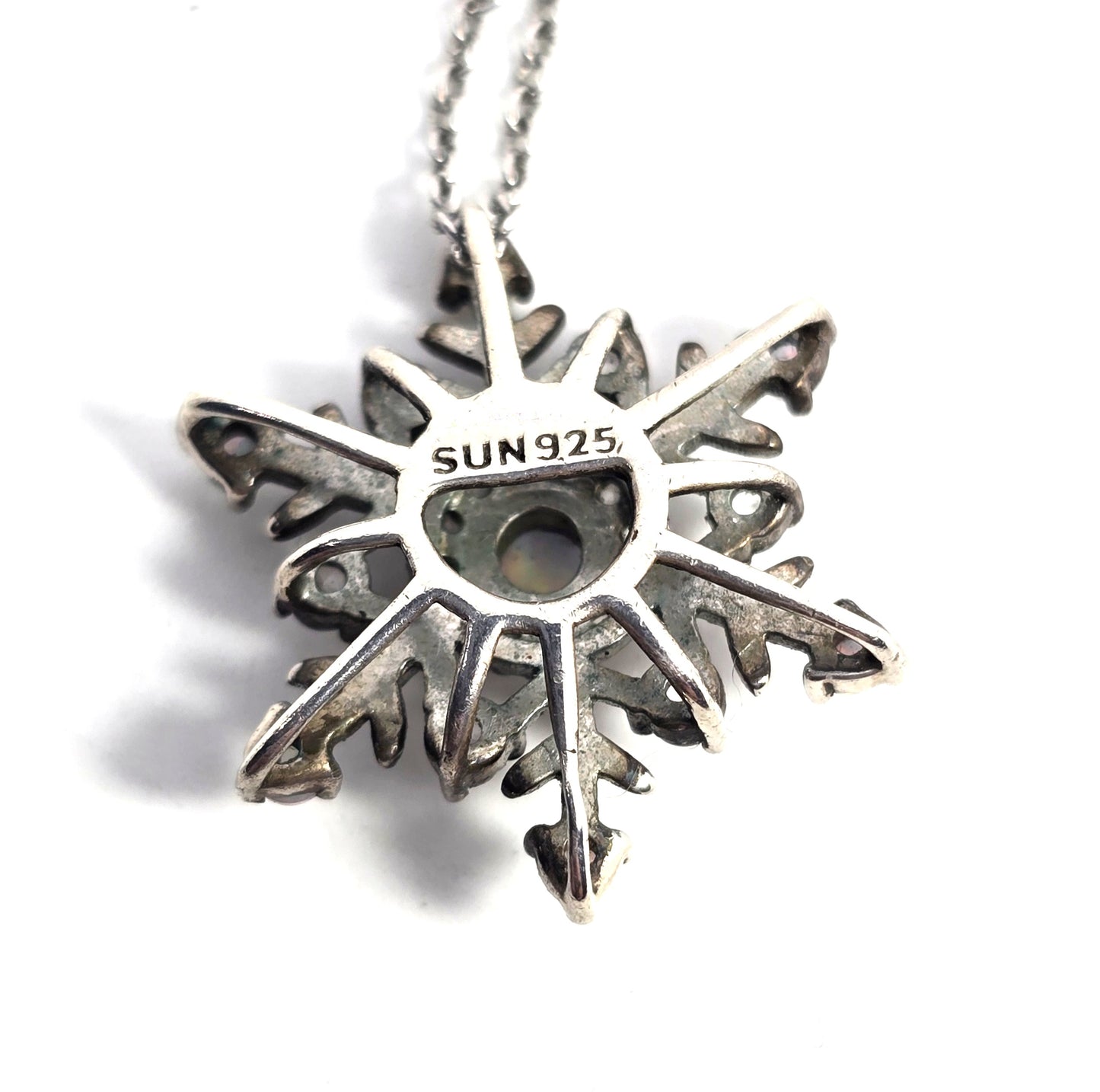 White fire opal snowflake white topaz sterling silver SUN winter pendant necklace