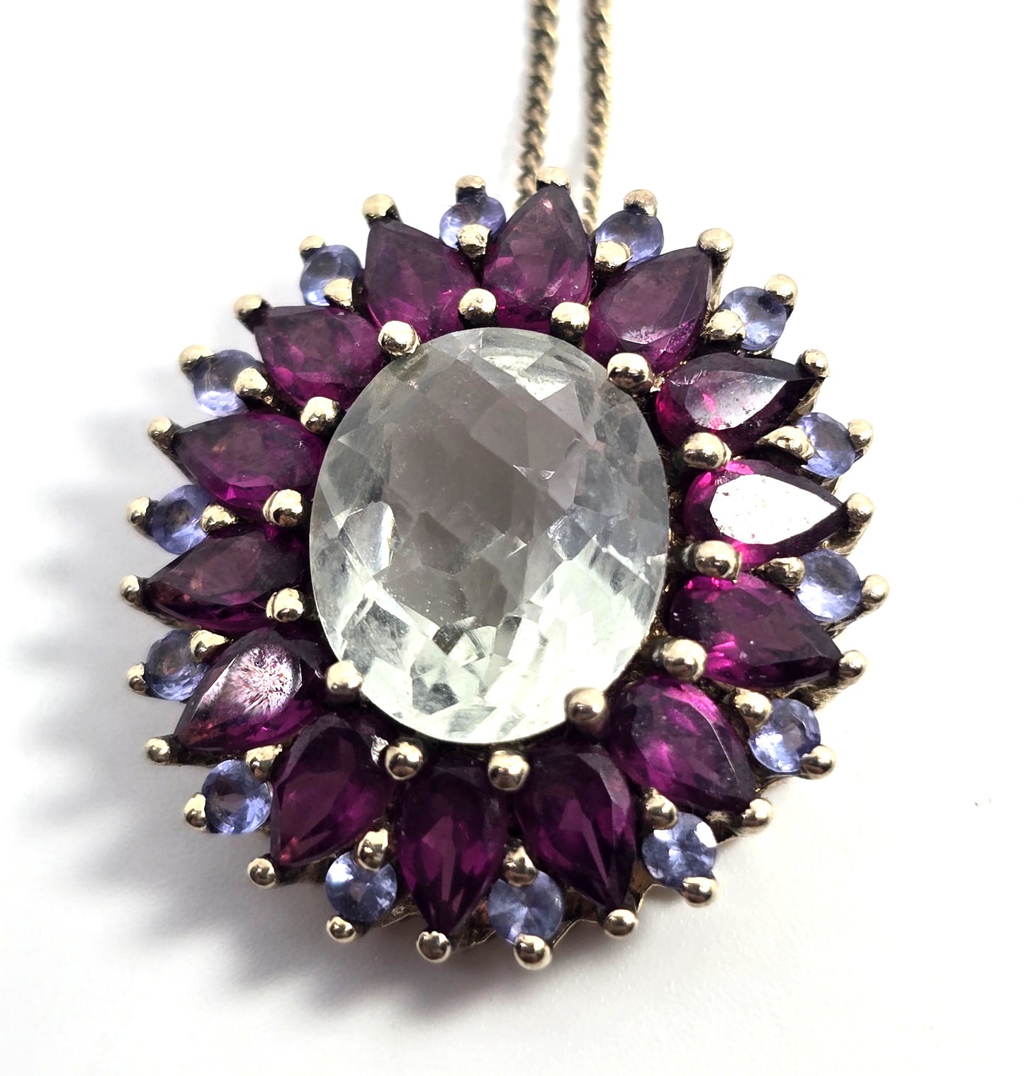 Prasiolite Green Amethyst Rhodolite Garnet tanzanite sterling silver pendant necklace