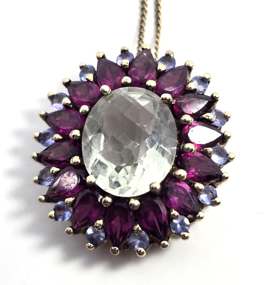 Prasiolite Green Amethyst Rhodolite Garnet tanzanite sterling silver pendant necklace