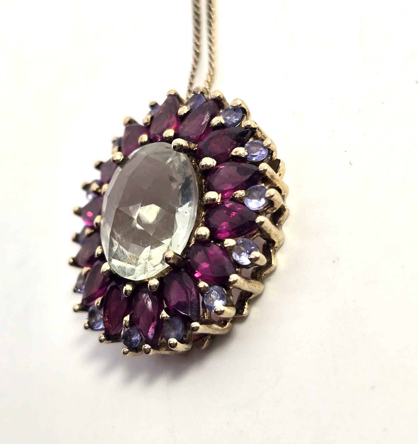 Prasiolite Green Amethyst Rhodolite Garnet tanzanite sterling silver pendant necklace