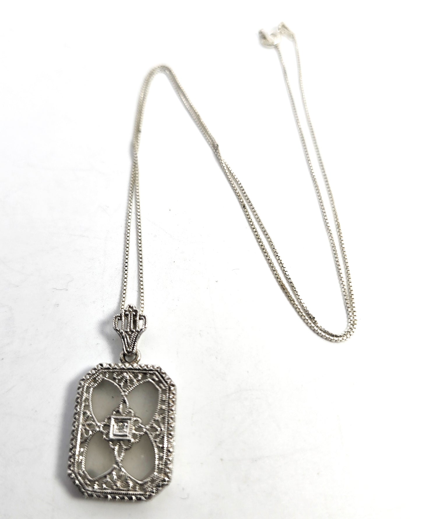 Camphor glass diamond Vintage company sterling silver filigree pendant necklace.