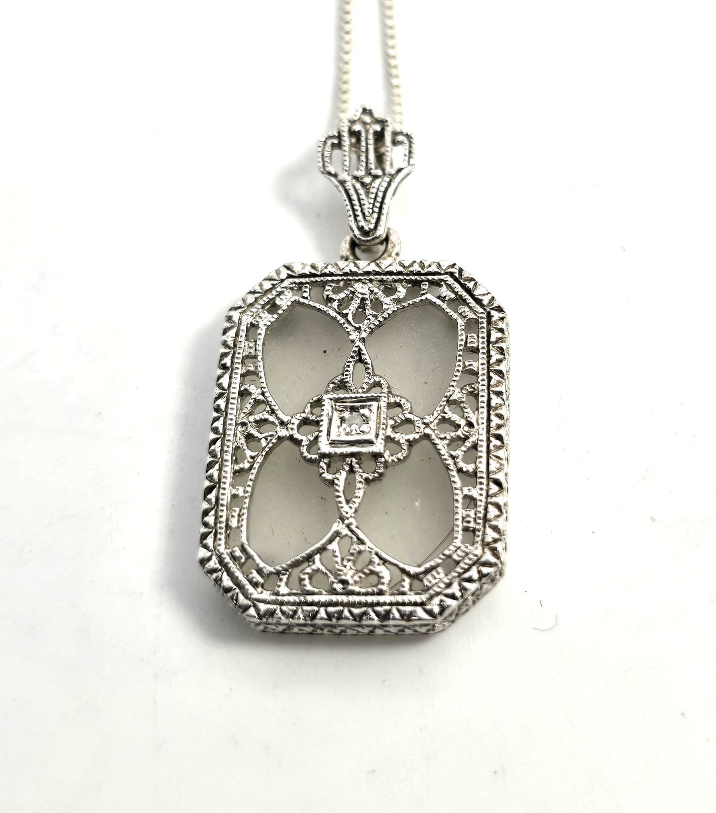 Camphor glass diamond Vintage company sterling silver filigree pendant necklace.