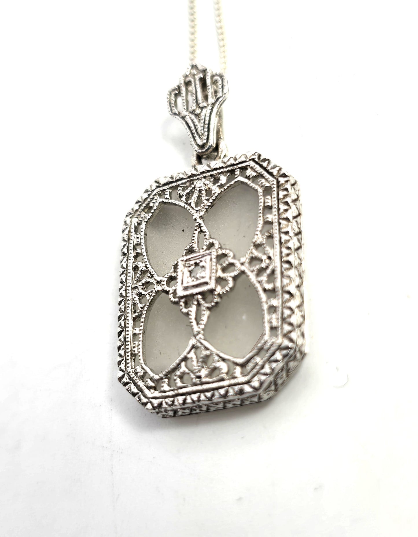 Camphor glass diamond Vintage company sterling silver filigree pendant necklace.
