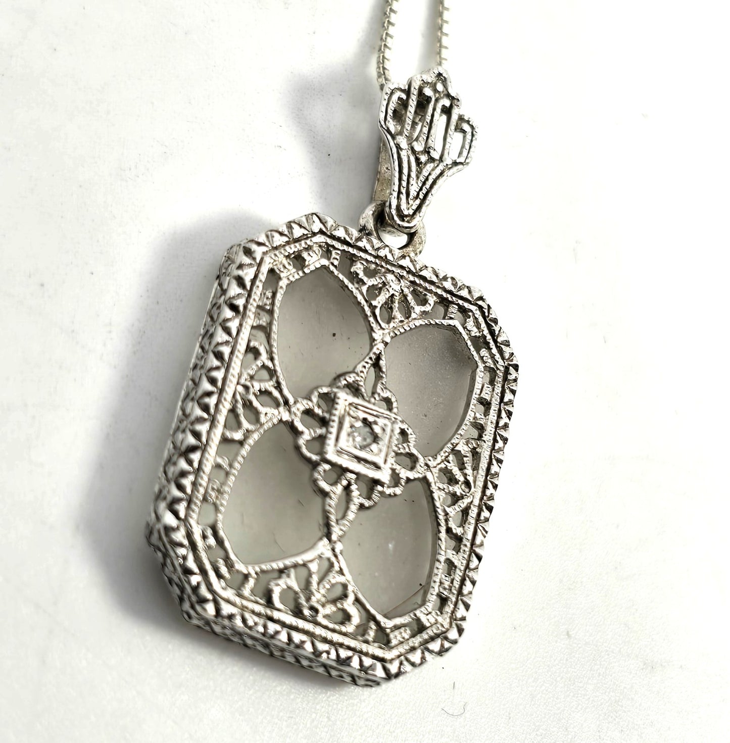 Camphor glass diamond Vintage company sterling silver filigree pendant necklace.
