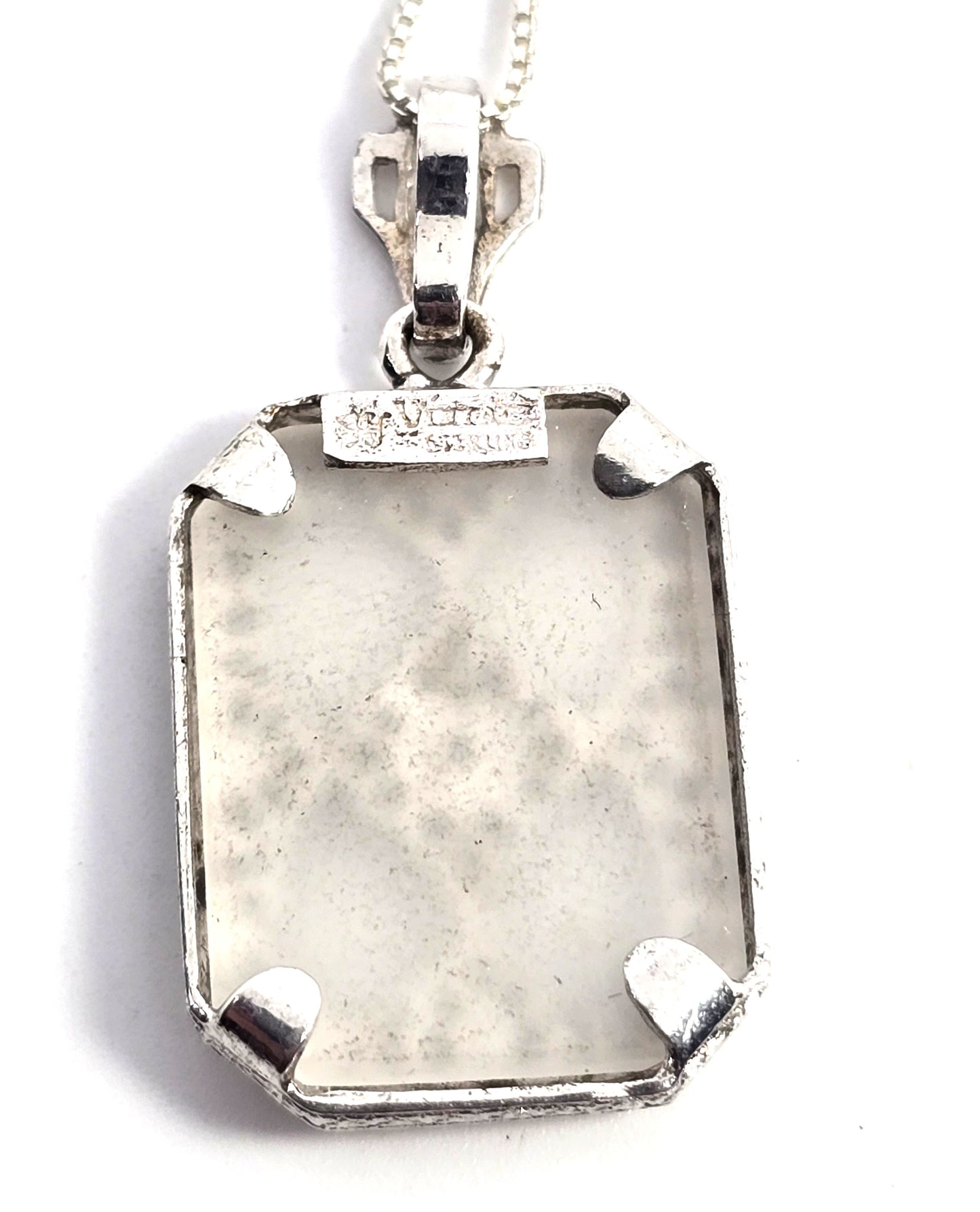 Camphor glass diamond Vintage company sterling silver filigree pendant necklace.
