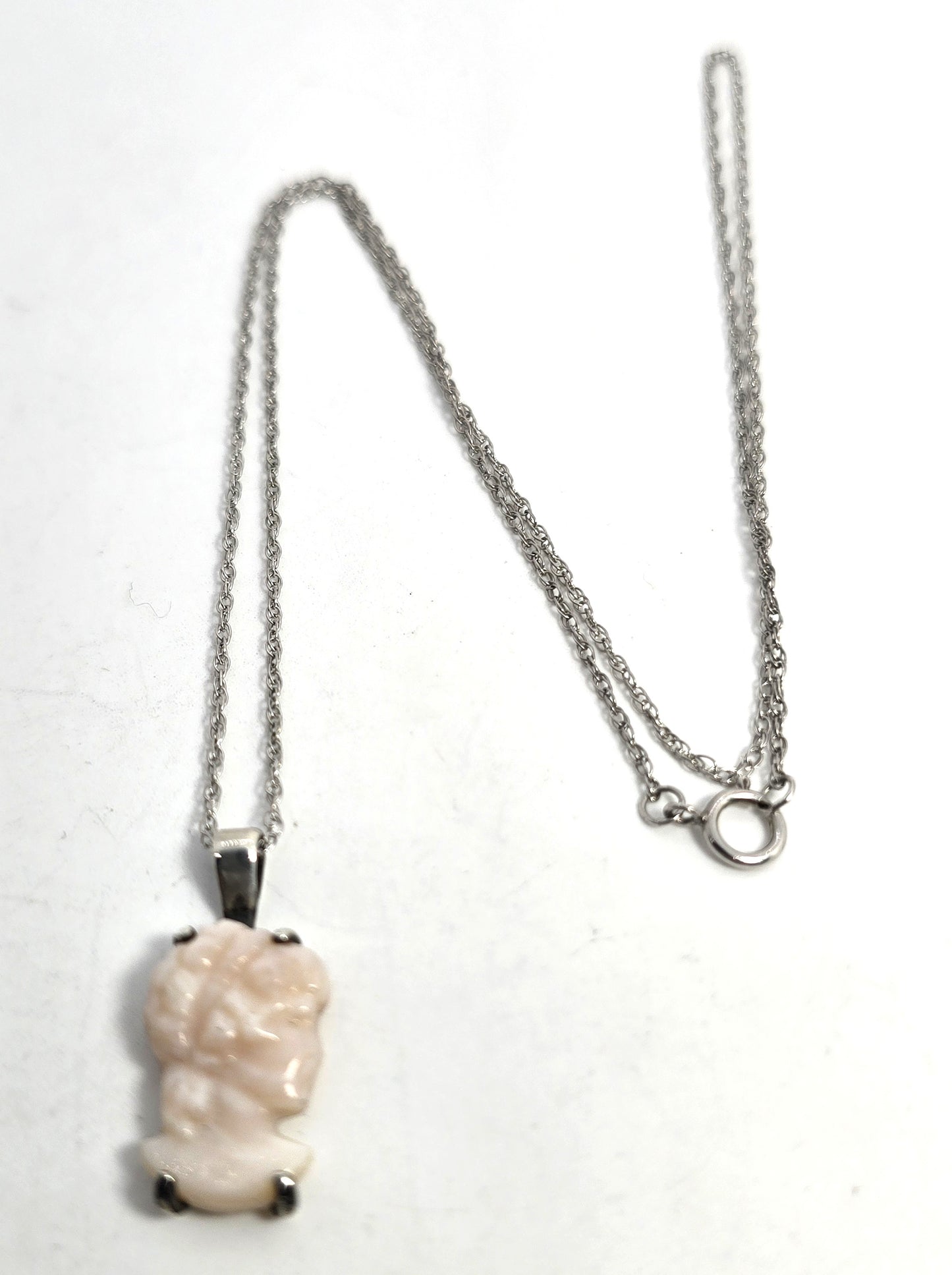 Pink Angel Skin Coral Carved Cameo antique sterling silver pendant necklace