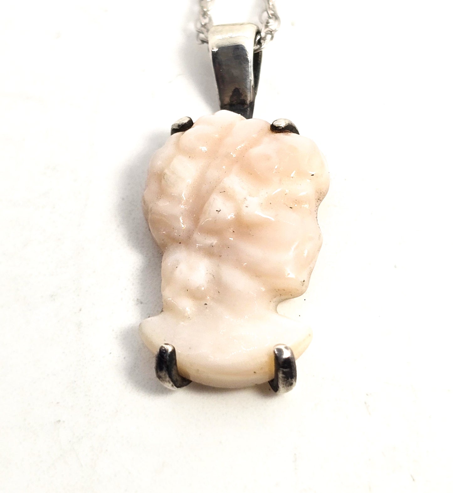 Pink Angel Skin Coral Carved Cameo antique sterling silver pendant necklace