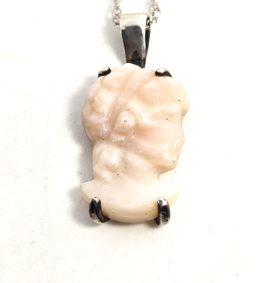 Pink Angel Skin Coral Carved Cameo antique sterling silver pendant necklace