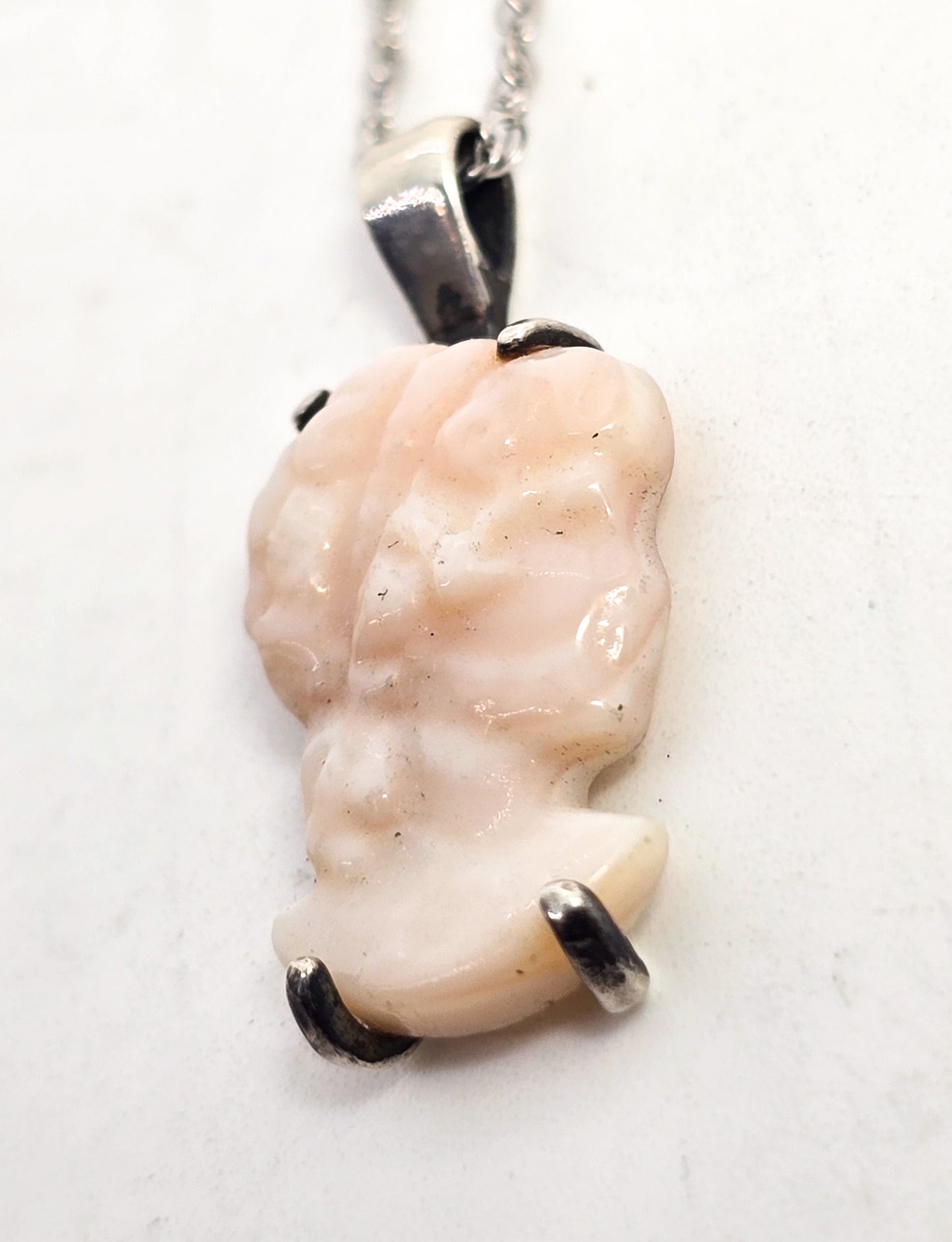 Pink Angel Skin Coral Carved Cameo antique sterling silver pendant necklace