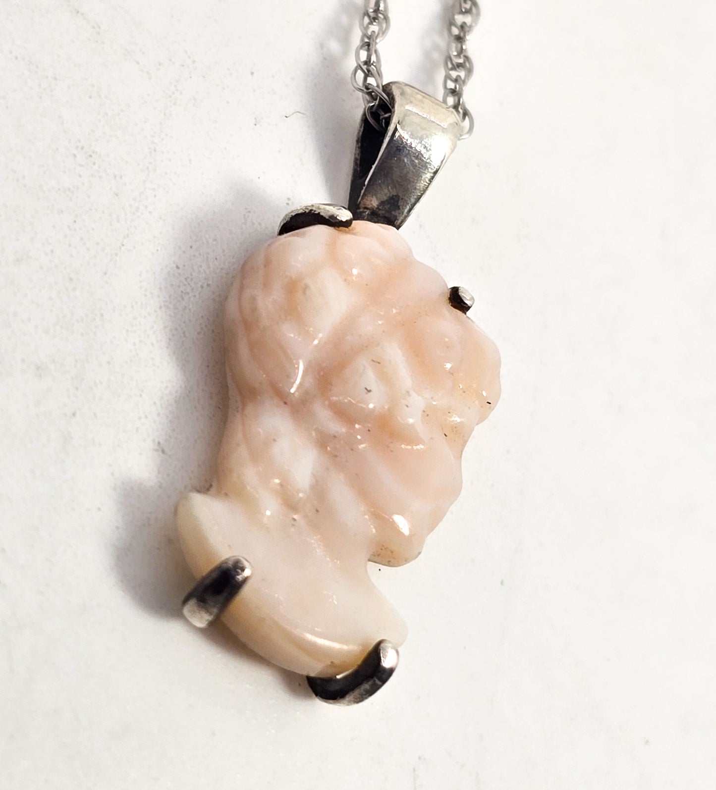 Pink Angel Skin Coral Carved Cameo antique sterling silver pendant necklace