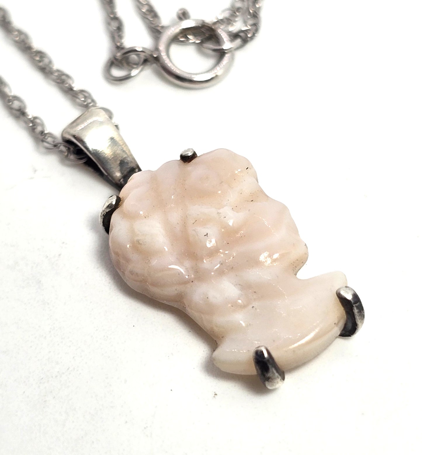 Pink Angel Skin Coral Carved Cameo antique sterling silver pendant necklace