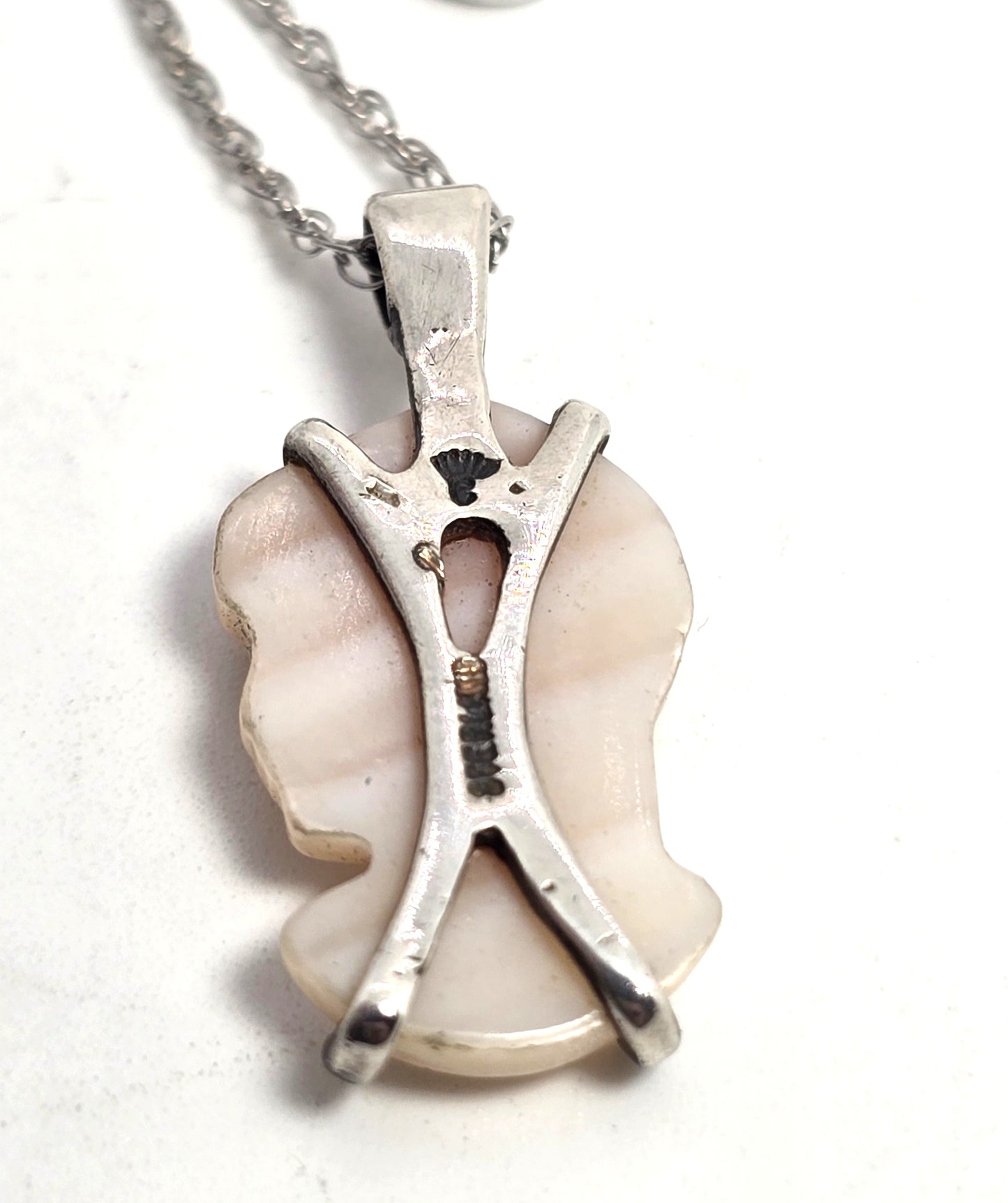 Pink Angel Skin Coral Carved Cameo antique sterling silver pendant necklace