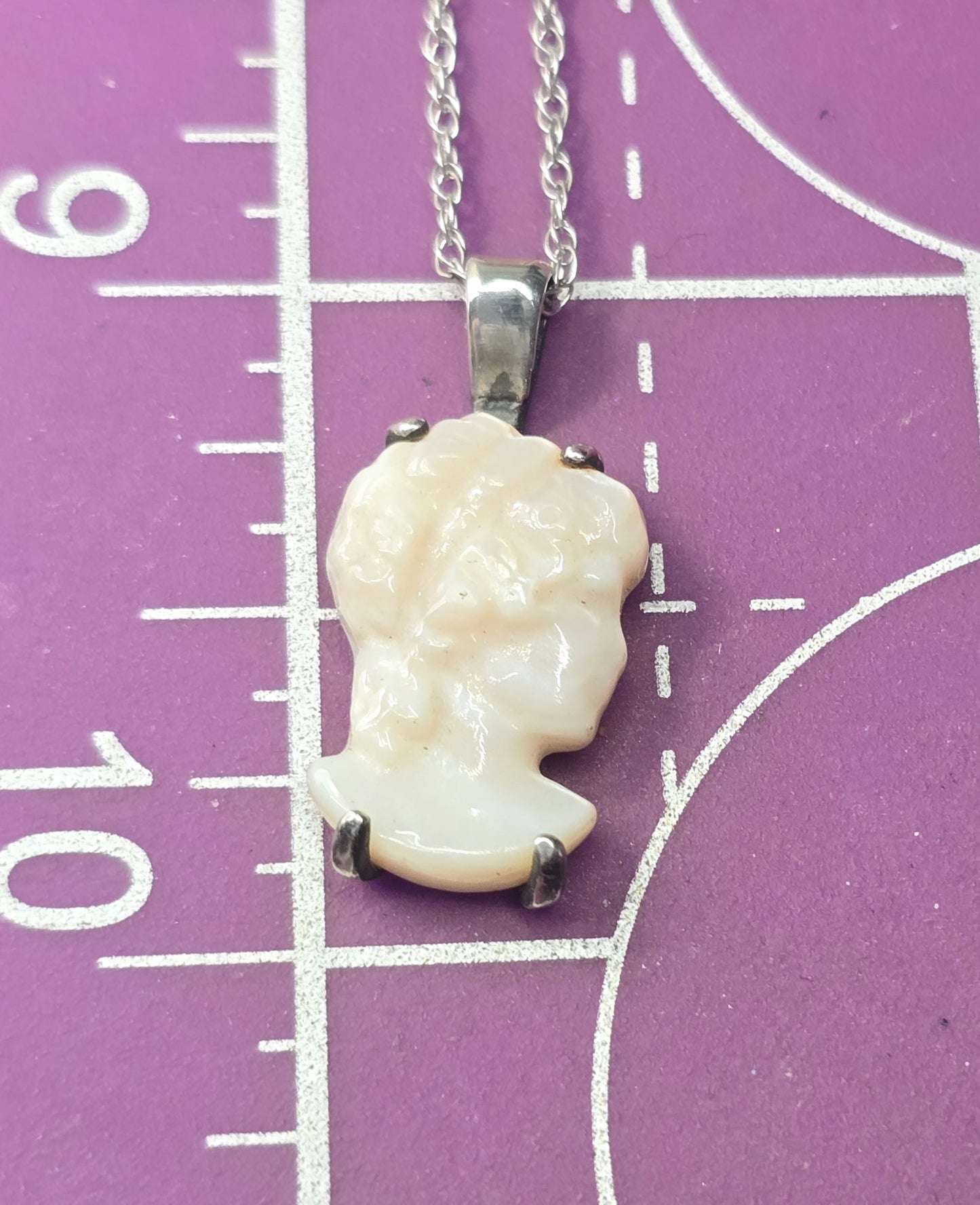 Pink Angel Skin Coral Carved Cameo antique sterling silver pendant necklace