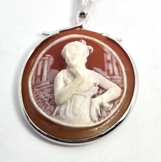 Sterling silver resin Greek female Cameo MCM sterling silver framed necklace