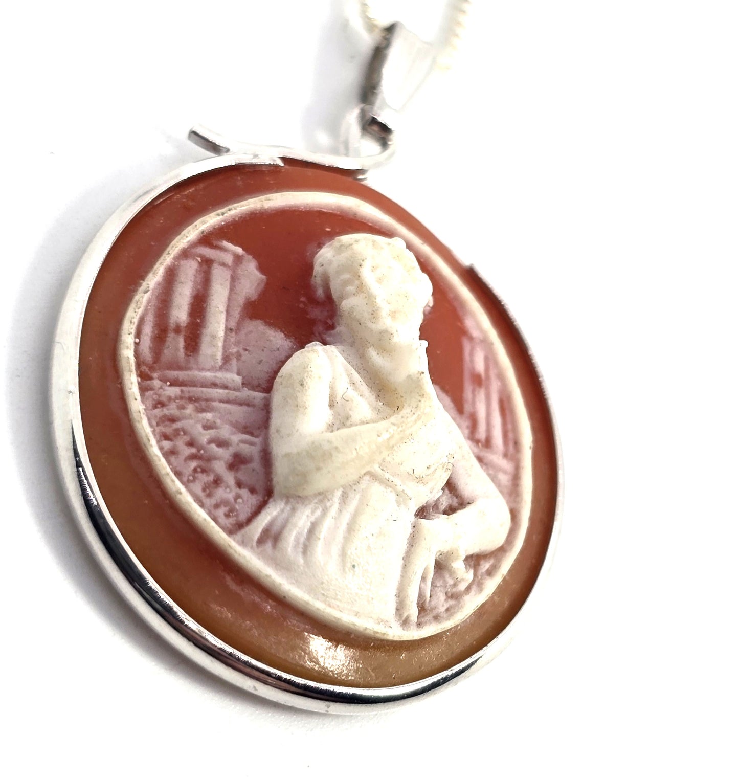 Sterling silver resin Greek female Cameo MCM sterling silver framed necklace
