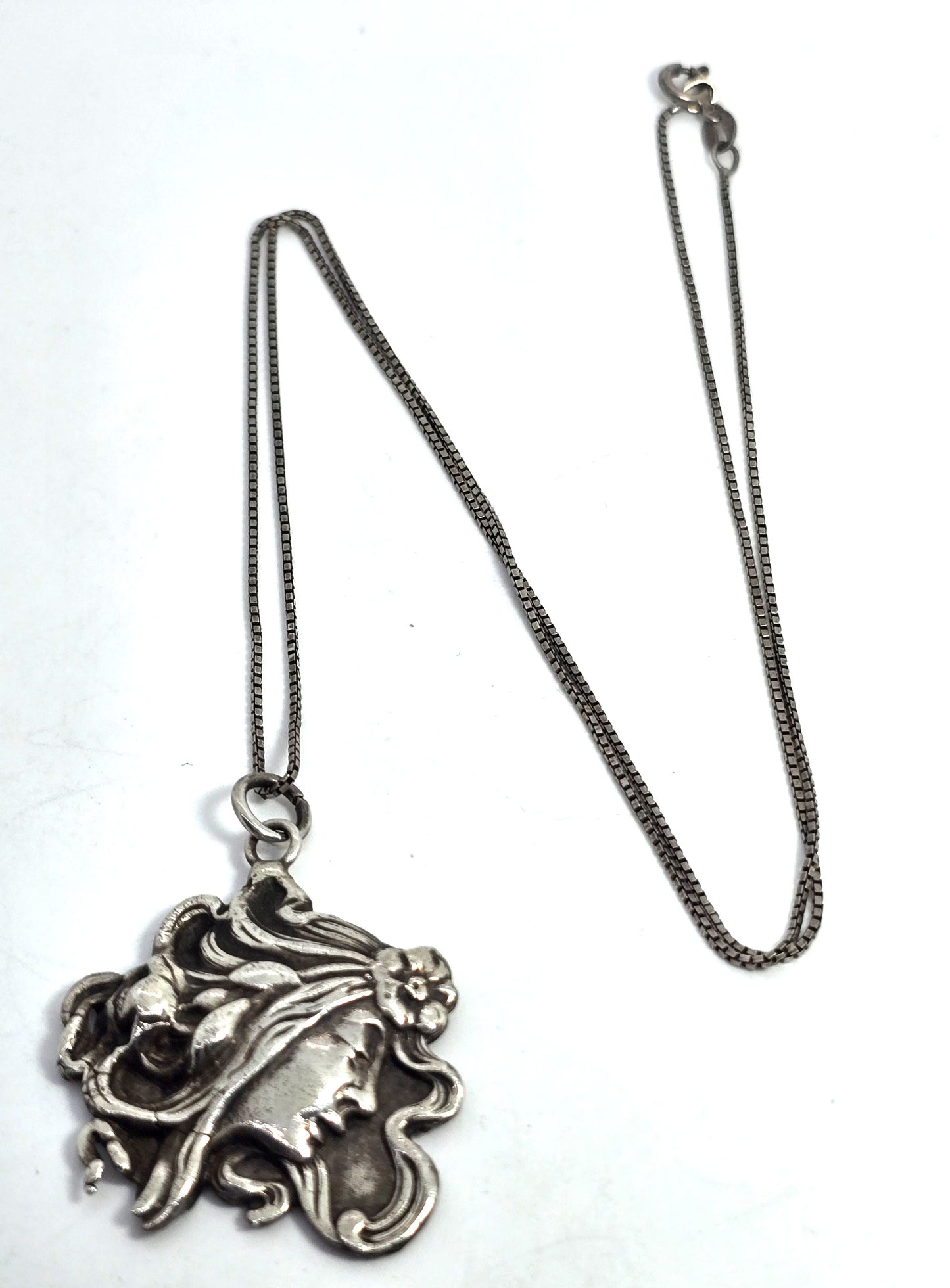 Art Nouveau flowing nymph casted antique sterling silver pendant necklace