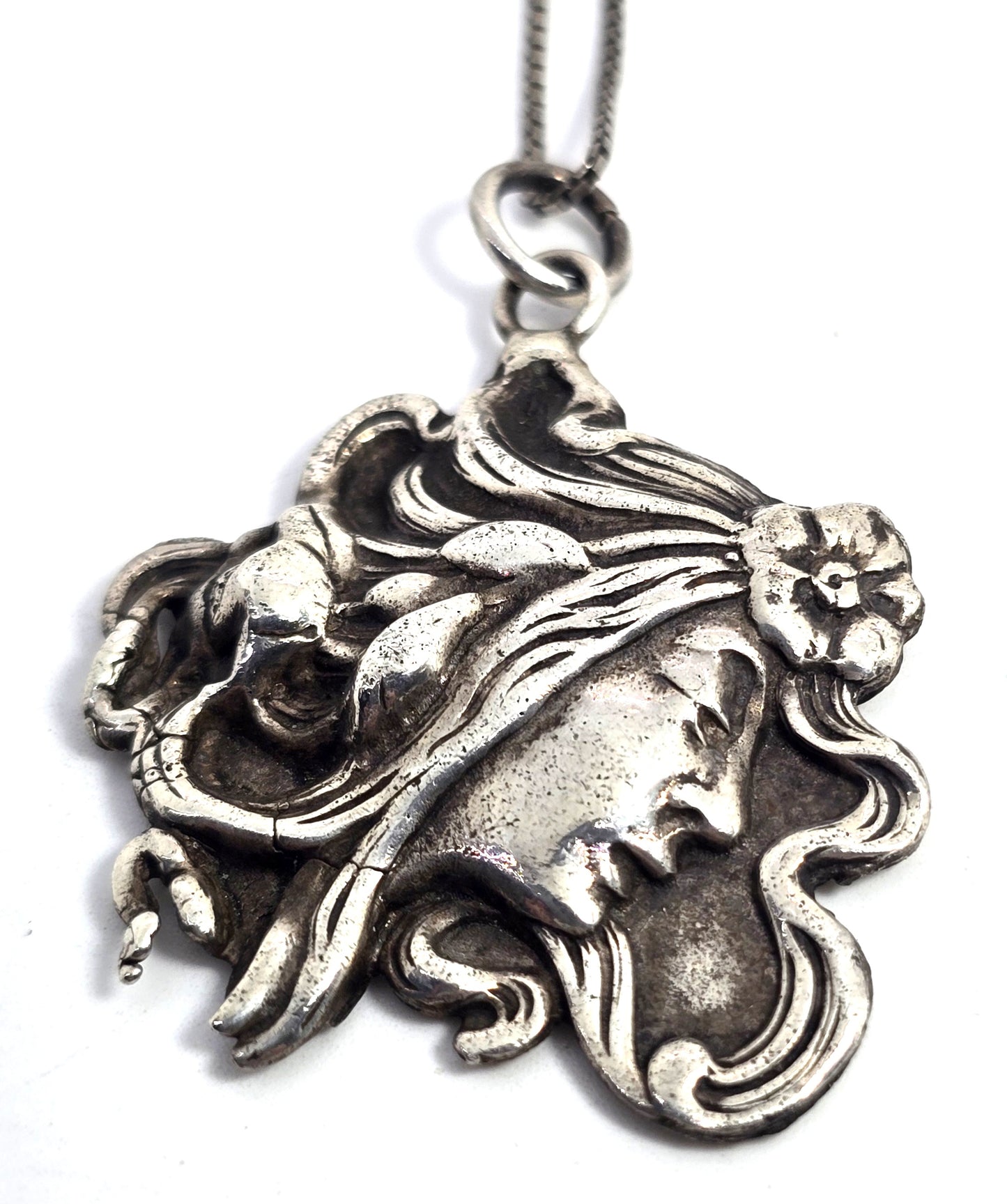 Art Nouveau flowing nymph casted antique sterling silver pendant necklace